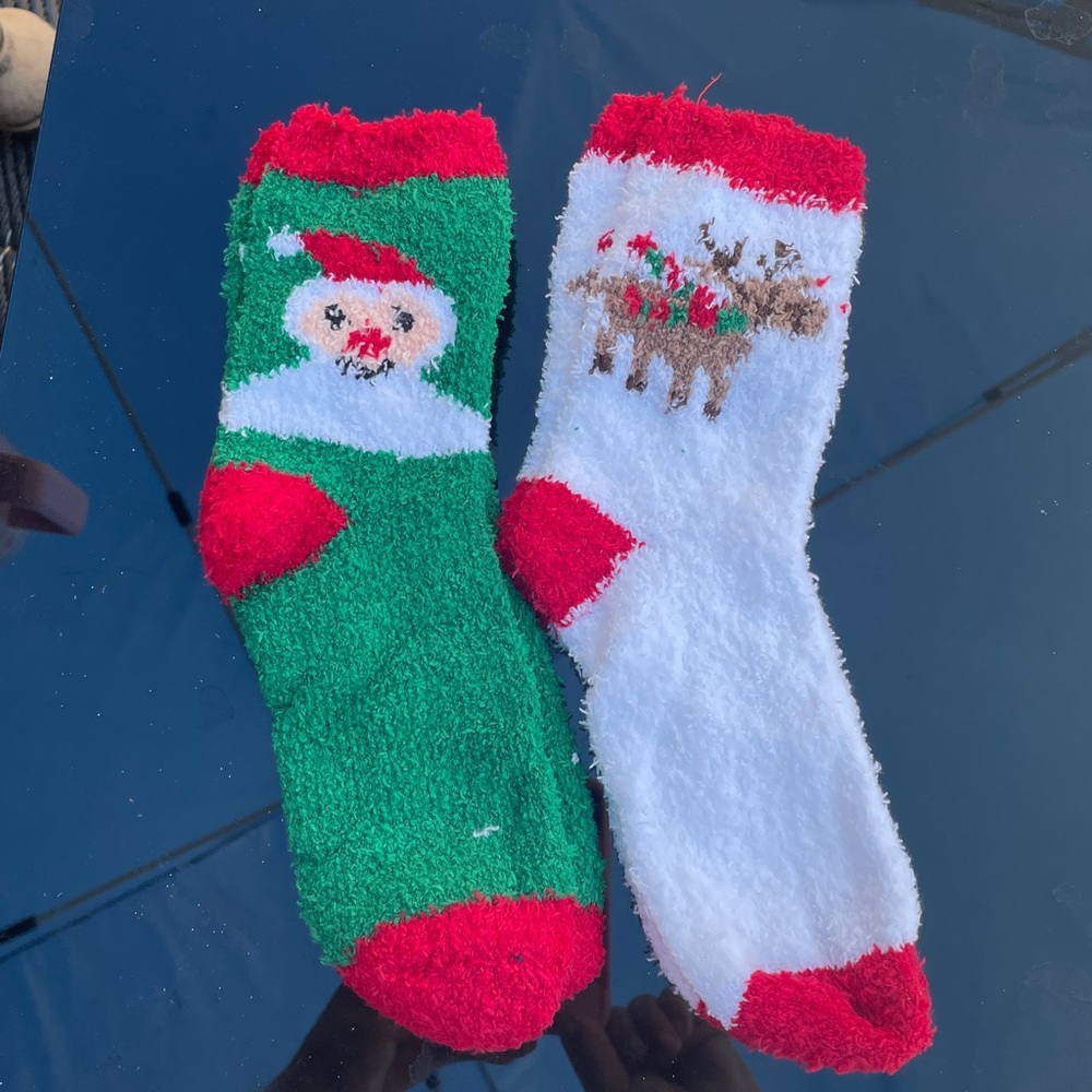Cozy Holiday Fuzzy Socks - Red, White & Green, 9-11, 2 pair
